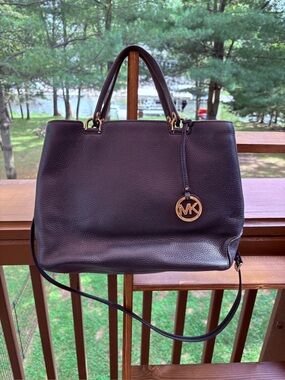 Michael Kors Navy Pebbled Leather Satchel with Gold MK Charm